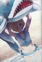  :d armpits arms_up bikini blonde_hair carrying_overhead female hair_over_one_eye highres idolmaster idolmaster_cinderella_girls inflatable_shark inflatable_toy kabayaki_unagi lifting_animal navel open_mouth sailor_bikini sailor_collar sailor_swimsuit_(idolmaster) scan shade shirasaka_koume short_hair smile solo standing swimsuit wet white_bikini 