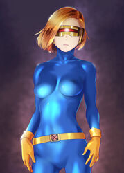  animification arms_at_sides belt blonde_hair bodysuit breasts buckle closed_mouth collarbone commentary_request covered_navel covered_nipples cyclops_(x-men) expressionless female genderswap_(mtf) gloves goggles head-mounted_display legs_apart lips marvel medium_breasts midriff red_background rule_63 short_hair simple_background skin_tight solo standing ueyama_michirou x-men yellow_gloves 