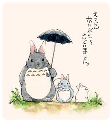  2016 ambiguous_gender border chibi_totoro chu_totoro fur ghibli group ichthy0stega japanese_text lagomorph leporid looking_at_viewer mammal my_neighbor_totoro rabbit simple_background text totoro totoro_bus_stop translated umbrella white_border 