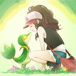  ^_^ arm_support bag baseball_cap black_footwear black_socks blush boots brown_hair chiko_(d04099) closed_eyes commentary_request denim denim_shorts female flat_chest flower from_side grass hat heart hilda_(pokemon) imminent_kiss long_hair pokemon pokemon_(creature) pokemon_bw profile shorts shoulder_bag sleeveless smile snivy socks squatting 