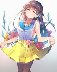  bad_id bad_twitter_id bare_shoulders black_hair blunt_bangs blush braid breasts brown_eyes closed_mouth collarbone collared_shirt commentary_request cowboy_shot female flower gradient_background hair_flower hair_ornament idolmaster idolmaster_cinderella_girls kobayakawa_sae lace lace-trimmed_collar lace_trim long_hair looking_at_viewer medium_breasts pantyhose pink_flower pink_rose ribbon rose shirt simple_background skirt skirt_hold smile solo standing straight_hair ultone_(neisiss) white_shirt yellow_skirt 