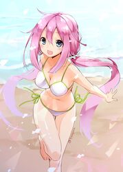  beach bikini blue_eyes blush breasts cleavage collarbone commentary_request female hair_between_eyes kagamihara_nadeshiko long_hair looking_at_viewer medium_breasts navel pink_hair side-tie_bikini_bottom solo swimsuit taropun yurucamp 