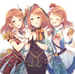  3girls :d ^_^ across_the_stars_(idolmaster) badge bare_shoulders belt black_skirt blue_bow blue_necktie blue_skirt blush bow bowtie braid breasts brown_eyes brown_hair cable closed_eyes commentary_request cowboy_shot crown crystal_night_party_(idolmaster) dress epaulettes facing_viewer feather_hair_ornament feathers frilled_skirt frills girl_sandwich gloves hair_ornament hairbow hand_on_another&#039;s_shoulder hojo_karen holding holding_microphone idolmaster idolmaster_cinderella_girls komi_zumiko looking_at_viewer medium_breasts microphone mini_crown multiple_girls multiple_persona necktie open_mouth orange_bow orange_bowtie plaid plaid_dress sandwiched see-through shawl short_necktie side_braid skirt sleeveless smile standing swept_bangs uniform veil waving white_bow white_gloves wing_collar wrist_cuffs 