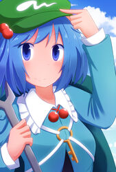  backpack bag blue_eyes blue_hair blue_sky blush cloud commentary_request day dress female hair_bobbles hair_ornament hand_on_headwear hat highres kawashiro_nitori key kokubun_(akikawaship) long_sleeves looking_at_viewer shirt short_hair sky smile solo touhou two_side_up wrench 