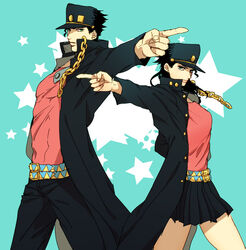  1boy afjc black_hair chains commentary_request dual_persona female gakuran genderswap_(mtf) green_eyes hat jojo_no_kimyou_na_bouken jojo_pose kujo_jotaro kujo_jotaro&#039;s_pose_(jojo) photoshop_(medium) pleated_skirt pointing rule_63 school_uniform skirt standing 