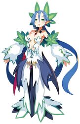  :o blue_hair breasts detached_collar detached_sleeves disgaea dress earrings female full_body green_eyes harada_takehito jewelry long_hair makai_senki_disgaea_5 medium_breasts no_pupils official_art pointy_ears quad_tails sage_(disgaea) solo standing tachi-e white_dress 