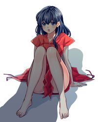  alternate_costume arm_support barefoot black_hair blue_eyes blush borrowed_clothes breasts commentary_request cosplay female hair_between_eyes higurashi_kagome inuyasha inuyasha_(character) inuyasha_(character)_(cosplay) knees_to_chest knees_together_feet_apart long_hair medium_breasts motobi_(mtb_umk) no_pants open_mouth shadow short_sleeves simple_background sitting solo sweatdrop white_background 