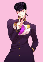  1boy afjc black_hair commentary_request diamond_wa_kudakenai finger_to_mouth gakuran higashikata_josuke jojo_no_kimyou_na_bouken male_focus photoshop_(medium) pompadour purple_eyes school_uniform solo 