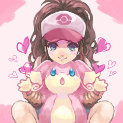  :o audino baseball_cap blue_eyes blush_stickers brown_hair chiko_(d04099) closed_mouth commentary_request denim denim_shorts female hat heart hilda_(pokemon) holding_another&#039;s_arm long_hair looking_at_viewer outstretched_arms pink_background pink_theme pokemon pokemon_(creature) pokemon_bw shade shorts sitting smile spread_arms 