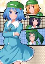  4girls :o backpack bag black_eyes black_hair blue_eyes blue_hair blush bob_cut bow commentary_request dark_haired_kappa dress glasses glasses_kappa green_eyes hair_bobbles hair_ornament hair_tie_kappa hairclip hat highres kappa_mob_(touhou) kawashiro_nitori key kokubun_(akikawaship) long_sleeves looking_at_viewer multiple_girls open_mouth orange_eyes orange_hair pocket shirt short_hair side_ponytail skirt skirt_set smile solo_focus sweat sweatdrop touhou two_side_up wrench 