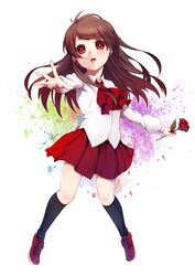  brown_hair commentary_request female flower ib_(ib) ib_(kouri) kneehighs long_hair open_mouth outstretched_arm red_eyes rose shirt skirt socks solo usagiumi 