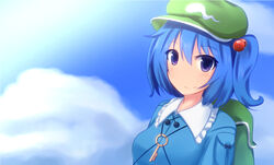  backpack bag blue_eyes blue_hair blue_sky blush cloud commentary_request day dress female hair_bobbles hair_ornament hat kawashiro_nitori key kokubun_(akikawaship) long_sleeves looking_at_viewer shirt short_hair sky smile solo touhou two_side_up 