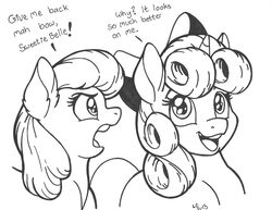  2015 apple_bloom_(mlp) dialogue duo earth_pony english_text equid equine female feral friendship_is_magic hasbro hi_res horn horse latecustomer mammal monochrome my_little_pony mythological_creature mythological_equine mythology pony sweetie_belle_(mlp) text unicorn 