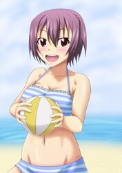  aikawa_kiyoka ball blush female infinite_stratos open_mouth purple_hair short_hair solo striped swimsuit tanuki_(metaltanuki) 