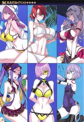  6+girls absurdres aqua_eyes arms_behind_back artist_name ass_visible_through_thighs bare_shoulders bikini boudica_(fate) boudica_(shining_goddess)_(fate) braid breasts carmilla_(fate) carmilla_(summertime_mistress)_(fate) cleavage closed_mouth collar collarbone covered_navel cropped earrings eyewear_on_head facial_mark fate/grand_order fate_(series) fingernails florence_nightingale_(chaldea_lifesavers)_(fate) florence_nightingale_(fate) food forehead_mark fruit grapes hat highres holding honjou_raita jack_the_ripper_(fate/apocrypha) jack_the_ripper_(summer_little)_(fate) jewelry large_breasts long_fingernails long_hair looking_at_viewer mash_kyrielight mash_kyrielight_(dive_to_blue) multiple_girls navel non-web_source o-ring o-ring_bikini off_shoulder official_alternate_costume one-piece_swimsuit open_mouth page_number pink_hair popsicle red_hair ribbon scan scar short_hair sidelocks simple_background small_breasts sunglasses swimsuit wu_zetian_(fate) wu_zetian_(seaside_luxury)_(fate) 