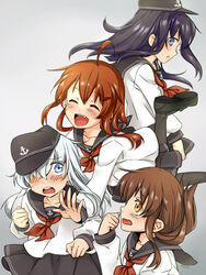  4girls akatsuki_(kancolle) black_hair black_pantyhose blue_eyes blue_hair blush brown_eyes brown_hair commentary_request folded_ponytail grey_hair hat hibiki_(kancolle) highres ikazuchi_(kancolle) inazuma_(kancolle) kantai_collection long_hair long_sleeves miniru multiple_girls open_mouth pantyhose school_uniform serafuku skirt 