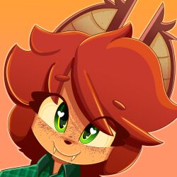  ambiguous_anthro ambiguous_gender anonymous_artist anthro bat big_ears brown_hair clothing collared_shirt colored digital_media_(artwork) eyebrow_through_hair eyebrows fangs flannel_shirt floating_eyebrows freckled_face freckles green_eyes hair headshot_portrait hi_res looking_at_viewer mammal outline pointy_ears portrait prick_ears shirt smile smiling_at_viewer solo teeth topwear translucent translucent_hair 
