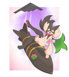  aircraft airplane ambiguous_anthro ambiguous_gender anthro armband b-2_spirit biped bomb bomber_plane cheek_tuft colored digital_media_(artwork) explosives facial_tuft falling generation_9_pokemon hi_res looking_at_viewer mask meowscarada narrowed_eyes nintendo open_mouth pawpads paws pokemon pokemon_(species) razgrizdl rose_(razgrizdl) shaded sitting solo stealth_bomber tuft vehicle 