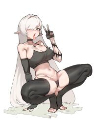 bare_shoulders black_choker black_gloves black_panties black_sports_bra black_thighhighs breasts choker cleavage collarbone female fingerless_gloves full_body gloves grey_eyes grey_hair hair_over_one_eye hand_up highres jin_rou large_breasts long_hair navel no_shoes original panties pointy_ears simple_background solo sports_bra spread_legs squatting thighhighs tongue tongue_out underwear white_background 