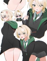  animal_ears ass black_panties black_robe blonde_hair cardigan_vest collared_shirt commentary female genderswap_(mtf) green_eyes green_necktie grey_skirt grey_vest harry_potter_(series) highres hogwarts_school_uniform kemonomimi_mode malfoid multiple_views necktie open_mouth panties parted_lips pleated_skirt robe rule_63 school_uniform shaded_face shirt short_hair shusuchii simple_background skirt sweatdrop tail underwear vest white_background white_shirt wizarding_world 