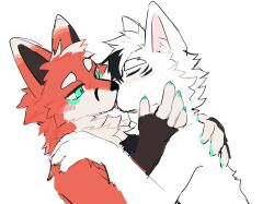  anthro biped black_body black_fur blush canid canine canis cheek_tuft chinese_description claws closed_eyes digital_drawing_(artwork) digital_media_(artwork) dr.kiyo duo facial_tuft fingerless_(marking) flat_colors fox front_view fur fur_tuft green_claws green_eyes head_tuft interspecies intimate kiss_on_lips kissing kiyo_(dr.kiyo) looking_at_another looking_at_partner male male/male male_anthro mammal multicolored_body multicolored_fur nude nude_anthro nude_male orange_body orange_fur simple_background slim slim_anthro slim_male tuft two_tone_body two_tone_fur white_background white_body white_fur wolf 