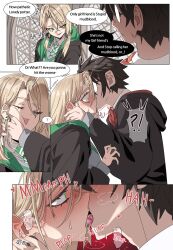  1boy black_hair blonde_hair blush brown_hair constricted_pupils diagonal-striped_clothes diagonal-striped_necktie ear_blush earrings english_text engrish_text female french_kiss full-face_blush gamjasssak genderswap_(mtf) glasses green_eyes green_necktie hair_behind_ear harry_potter harry_potter_(series) highres hooded_robe hoop_earrings jewelry kissing long_hair malfoid necktie ranguage red_necktie robe rule_63 saliva school_uniform smug striped_clothes striped_necktie surprised tongue two-tone_robe upper_body wizarding_world 