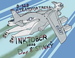  2026 aeromorph aircraft aircraft_tail airplane airplane_dragon airplane_wings ambiguous_gender b-52_stratofortress boeing bomber bomber_plane cold_war digital_drawing_(artwork) digital_media_(artwork) exhaust fur fur_markings grey_body grey_fur hi_res inktober inktober_2026 jet jet_engine living_aircraft living_machine living_vehicle machine markings paws roundel simple_background solo tail turret united_states_air_force united_states_of_america vehicle white_body white_fur wings yeno_floof 