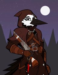 2026 absurd_res anthro archbeegae avian beak belt bird clothing digital_media_(artwork) feathers gun hi_res hunt_showdown layvan male moon night picid piciform portrait ranged_weapon solo weapon white_body woodpecker 