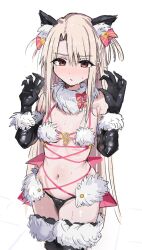  animal_ears bare_shoulders black_gloves black_panties black_thighhighs blush bow breasts cosplay elbow_gloves fate/grand_order fate/kaleid_liner_prisma_illya fate_(series) female fur-trimmed_gloves fur-trimmed_thighhighs fur_collar fur_trim gloves hairbow highres illyasviel_von_einzbern lace-trimmed_thighhighs lace_trim long_hair looking_at_viewer mash_kyrielight mash_kyrielight_(dangerous_beast) mash_kyrielight_(dangerous_beast)_(cosplay) navel notonaon o-ring panties red_eyes sidelocks small_breasts solo thighhighs two_side_up underwear white_fur white_hair wolf_ears 