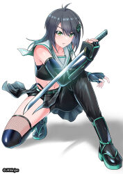  abs artist_name asymmetrical_clothes asymmetrical_legwear bare_shoulders belt black_gauntlets black_gloves black_hair black_panties black_pants black_serafuku black_shirt black_shorts black_skirt black_sleeves black_socks breasts check_commentary closed_mouth collarbone commentary_request crop_top detached_sleeves female fingerless_gloves fishnet_sleeves fishnet_thighhighs fishnets full_body gloves gradient_hair green_belt green_eyes green_hair green_hair_ornament green_sandals highleg highleg_panties holding holding_sword holding_weapon i_macoto kneehighs kunoichi_(game) light_blush long_hair medium_breasts midriff miniskirt multicolored_hair navel ninja panties pants pleated_skirt sailor_collar sandals school_uniform serafuku shin_guards shinobi_(series) shirt shorts simple_background single_kneehigh single_pantsleg single_sock single_thighhigh skirt skort socks solo squatting sword tabi thighhighs two-tone_hair unconventional_school_uniform underwear variant_set wakizashi weapon white_background white_sailor_collar wolf_cut zettai_ryouiki 