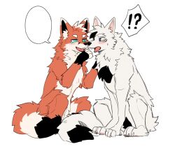  absurd_res blue_eyes blush canid canine chest_tuft chinese_description countershading dialogue digital_drawing_(artwork) digital_media_(artwork) dipstick_tail dr.kiyo duo feet feral flat_colors fur fur_tuft green_eyes half-closed_eyes hi_res hindpaw kiyo_(dr.kiyo) male male_feral mammal markings multicolored_body multicolored_fur narrowed_eyes open_mouth open_smile orange_body orange_fur paws quadruped simple_background smile speech_bubble surprsied tail tail_markings talking_feral three-quarter_view tuft two_tone_body two_tone_fur white_background white_body white_countershading white_fur 