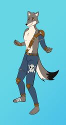 2020 4_toes 5_fingers absurd_res anthro bandage bandaged_foot biped blue_background brown_eyes canid canine canis clothing darkwolf79 digital_drawing_(artwork) digital_media_(artwork) feet fingers hi_res male mammal monotone_background simple_background smile solo standing toes wolf 