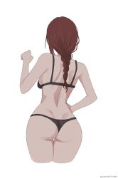 absurdres arm_up ass black_bra black_panties bra braid chainsaw_man commentary female from_behind highres long_hair makima_(chainsaw_man) panties pcharlesart red_hair simple_background solo underwear underwear_only white_background wide_hips 