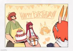  2026 anthro apron armor bangs big_breasts birthday birthday_cake birthday_gift blue_gem breasts cake candle clare_(themushlord) cleavage clothed clothing dessert dianne_(osokamu) digital_drawing_(artwork) digital_media_(artwork) emily_(osokamu) english_text female food fruit fully_clothed gem gift green_eyes group happy headgear headscarf heart_symbol helmet huge_breasts long_bangs osokamu plant strawberry text trio 