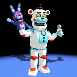  3d_(artwork) 4_toes 5_fingers ambiguous_gender animatronic bear black_bow_tie blue_body blue_spots bon-bon_(fnafsl) bow_tie chest_intercom clothing devon_the_zeedursment devonzee digital_media_(artwork) electronics eyebrows featureless_crotch feet fingers five_nights_at_freddy's funtime_freddy_(fnafsl) fur hand_puppet hat headgear headwear implied_transformation lagomorph leporid machine male mammal metallic_body microphone mikumikudance_(artwork) nonbinary_(lore) open_mouth padded_palms pink_eyes puppet_bonnie_(fnafsl) rabbit red_bow_tie red_spots robot scottgames sister_location spots toes top_hat white_body white_fur yellow_eyes 
