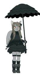  3d_(artwork) alternative_fashion anthro black_bottomwear black_clothing black_footwear black_topwear blender_(artwork) blender_eevee_(artwork) blonde_hair boots bottomwear bow_tie brown_hair cel_shading chest_tuft claws clothed clothing collared_shirt digital_media_(artwork) domestic_cat dress dress_shirt eyebrows eyelashes fangs fashion felid feline felis female female_anthro flower fluffy footwear freya_(qin) fur goth gothic_lolita grey_body grey_fur grey_hair hair hi_res inner_ear_fluff j-fashion lolita_(fashion) long_hair long_tail looking_at_another mammal messy_hair multicolored_body multicolored_ears multicolored_fur multicolored_tail open_mouth pawpads paws plant pose pupils qin rose_(flower) shaded shirt shoes simple_background simple_eyes skinny skinny_anthro skinny_female skirt slit_pupils socks solo straight_hair tail teeth thick_thighs thigh_gap thighs_together toony topwear tuft umbrella whiskers white_background white_body white_fur white_hair wide_hips wraps yellow_eyes yellow_sclera 