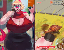  2026 5_fingers abstract_background anthro artist_name big_breasts big_tail black_bottomwear black_clothing black_pants blonde_hair blue_eyes bone_frill bottomwear breaking_news breasts camera_view cavemanon_studios cleavage_cutout clothing curvy_figure cutout deadassspider digital_drawing_(artwork) digital_media_(artwork) dinosaur electronics eyelashes female feral fingers frill_(anatomy) front_view gastropod glistening glistening_arms glistening_body glistening_breasts glistening_scales hadrosaurid hair hi_res huge_breasts huge_hips huge_thighs i_wani_hug_that_gator jewelry long_tail magenta_body magenta_scales medium_hair mia_moretti microphone mollusk multicolored_body multicolored_scales necklace news open_mouth open_smile ornithischian ornithopod outside pants parasaurolophus patreon patreon_logo prehistoric_species red_clothing red_sweater red_topwear reptile scales scalie sleeveless_sweater smile snail solo spiked_tail spikes spikes_(anatomy) sweater tail text thick_thighs topwear two_tone_body two_tone_scales voluptuous voluptuous_anthro voluptuous_female watermark white_body white_scales wide_hipped_anthro wide_hipped_female wide_hips 
