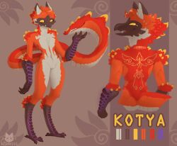  absurd_res anthro avian back_tattoo barcode beak belly bird blonde_highlights divanios ears_up english_text fangs feathers feet fox_ears golden_markings head_tuft hi_res highlights_(coloring) hybrid kotya_(maxspec) male markings model_sheet open_beak open_mouth orange_body orange_feathers orange_markings purple_glow reference_image scales smile solo tail tail_mouth talon_hands talons tattoo teeth text toes tuft unusual_anatomy unusual_tail white_belly 