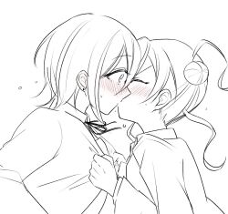  2girls blush closed_eyes collared_shirt commentary earrings greyscale hair_bun jewelry kissing long_hair looking_at_another love_live! love_live!_superstar!! mame_mochiko monochrome multiple_girls neck_ribbon ribbon shirt short_hair simple_background stud_earrings surprise_kiss surprised sweat untranslatable_commentary wakana_shiki white_background yoneme_mei yuri 