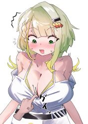  1other a.i._voice belt black_belt blonde_hair blush braid breasts camisole camisole_pull cleavage clothes_pull commentary_request female flipped_hair gradient_hair green_eyes green_hair highres kyuu_(que_9) large_breasts long_hair looking_down multicolored_hair oerba_yun_fang open_mouth side_braid simple_background single_hair_intake skin_fang solo_focus surprised tsunose_kotone upper_body white_background white_camisole 