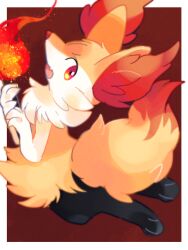  2021 ambiguous_anthro ambiguous_gender anthro biped border braixen canid digital_media_(artwork) digitigrade dipstick_tail elemental_manipulation fire fire_manipulation flesh_fang full-length_portrait generation_6_pokemon holding_object holding_stick looking_at_viewer mammal markings nintendo pokemon pokemon_(species) portrait rear_view simple_background snout solo stick tail tail_markings three-quarter_view zoroa553 