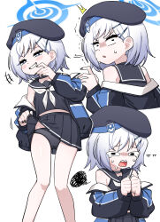  +++ black_choker black_hat black_jacket black_nails black_panties black_skirt blue_archive blue_eyes blue_halo choker clothes_lift commentary_request crying crying_with_eyes_open female fey_(whitepaper) grin halo hat highres jacket korean_commentary lifting_own_clothes looking_at_viewer looking_back multiple_views panties pleated_skirt simple_background skirt skirt_lift smile sumika_(blue_archive) tears underwear white_background 