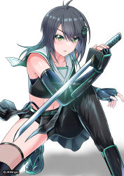  abs artist_name asymmetrical_clothes asymmetrical_legwear bare_shoulders belt black_gauntlets black_gloves black_hair black_panties black_pants black_serafuku black_shirt black_shorts black_skirt black_sleeves black_socks breasts check_commentary closed_mouth collarbone commentary_request crop_top cropped detached_sleeves female fingerless_gloves fishnet_sleeves fishnet_thighhighs fishnets full_body gloves gradient_hair green_belt green_eyes green_hair green_hair_ornament green_sandals highleg highleg_panties holding holding_sword holding_weapon i_macoto kneehighs kunoichi_(game) light_blush long_hair medium_breasts midriff miniskirt multicolored_hair navel ninja panties pants pleated_skirt sailor_collar sandals school_uniform serafuku shin_guards shinobi_(series) shirt shorts simple_background single_kneehigh single_pantsleg single_sock single_thighhigh skirt skort socks solo squatting sword tabi thighhighs two-tone_hair unconventional_school_uniform underwear variant_set wakizashi weapon white_background white_sailor_collar wolf_cut zettai_ryouiki 