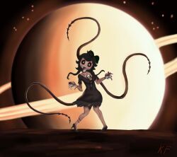  absurd_res acessory android black_hair blood bodily_fluids breasts cyn_(murder_drones) deity digital_media_(artwork) female glitch_productions hair herm herm/female hi_res humanoid intersex intersex/female machine murder_drones robot robot_humanoid smile solo tessa_(murder_drones) undead 