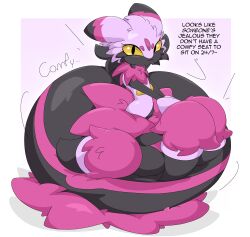  2026 4_legs absurd_res arachnid arachnid_taur arthropod arthropod_abdomen arthropod_taur black_body black_eyes border breasts dialogue digital_drawing_(artwork) digital_media_(artwork) english_text eyelashes fangs female female_taur full-length_portrait glistening_abdomen guzzlord420 heart_symbol hi_res huge_arthropod_abdomen motion_lines multicolored_body non-mammal_breasts pal_(species) palworld pink_background pink_body pocketpair portrait purple_body simple_background sitting sitting_on_arthropod_abdomen sitting_on_self small_breasts smug solo squish tarantriss taur teeth text three-quarter_portrait white_border yellow_sclera 