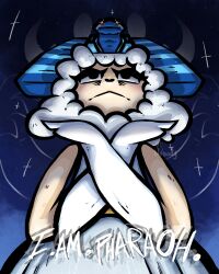  2017 4:5 alpaca alpaca_(vinesauce) anthro blush camelid clothing cloven_hooves crossed_arms digital_media_(artwork) egyptian egyptian_clothing egyptian_headdress english_text female female_anthro frown fur hoof_hands hooves low-angle_view mammal miitopia nintendo reaction_image solo tan_body text tomodachi_life victhenobody vinesauce white_body white_fur white_wool wool_(fur) 