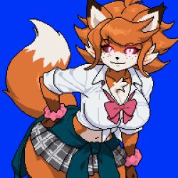  1:1 2026 alternate_version_at_source anthro asian_clothing big_breasts biped black_nose black_sclera blue_background bottomwear bow_tie breasts canid canine cheek_tuft chest_tuft cleavage clothed clothing digital_media_(artwork) dipstick_ears dipstick_tail ear_markings east_asian_clothing facial_tuft female fox freckles fur hair hand_on_hip inner_ear_fluff japanese_clothing japanese_school_uniform leaning leaning_forward looking_at_viewer mammal markings midriff multicolored_ears navel orange_body orange_fur orange_hair pattern_bottomwear pattern_clothing pattern_skirt pink_eyes pixel_(artwork) plaid plaid_bottomwear plaid_clothing plaid_skirt portrait school_uniform scrunchie serafuku shirt simple_background skirt solo standing tail tail_markings three-quarter_portrait topwear tuft uniform wide_hips youkaipainend 
