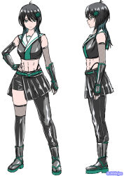  abs artist_name asymmetrical_clothes asymmetrical_legwear bare_shoulders belt black_gauntlets black_gloves black_hair black_panties black_pants black_serafuku black_shirt black_shorts black_skirt black_sleeves black_socks breasts check_commentary closed_mouth collarbone commentary_request crop_top detached_sleeves facing_to_the_side facing_viewer female fingerless_gloves fishnet_sleeves fishnet_thighhighs fishnets full_body gloves gradient_hair green_belt green_eyes green_hair green_hair_ornament green_sandals hand_on_own_hip highleg highleg_panties i_macoto kneehighs kunoichi_(game) long_hair medium_breasts midriff miniskirt multicolored_hair multiple_views navel ninja panties pants pleated_skirt sailor_collar sandals school_uniform serafuku shin_guards shinobi_(series) shirt shorts simple_background single_kneehigh single_pantsleg single_sock single_thighhigh skirt skort socks tabi thighhighs two-tone_hair unconventional_school_uniform underwear variant_set white_background white_sailor_collar wolf_cut zettai_ryouiki 