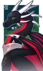  2026 8_horns activision arm_markings artist_name black_body collar corrupt_cynder countershading dated digital_media_(artwork) dragon facial_markings female female_feral feral forehead_markings green_eyes half-closed_eyes half-length_portrait head_markings hi_res horn horn_sheath jagged_mouth long_neck long_snout looking_at_viewer markings membrane_(anatomy) membranous_wings multi_horn mythological_creature mythological_scalie mythology narrowed_eyes neck_ring neck_spikes on_haunches portrait pronounced_browridge quadruped red_body red_countershading red_wings scalie shoulder_markings side_view snout solo spyro_the_dragon text the_legend_of_spyro white_horn wing_blade wings zyria 