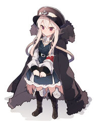  aiguillette armband belt belt_buckle black_coat boots buckle commentary_request double-breasted expressionless fur_trim girls_frontline hat ikeuchi_tanuma jacket_on_shoulders kar98k_(girls_frontline) long_hair long_sleeves military military_uniform peaked_cap red_eyes solo thigh_boots thighhighs uniform very_long_hair white_hair younger 